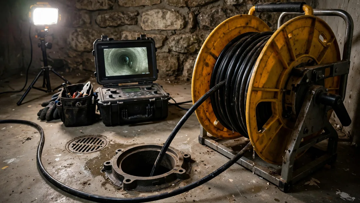 Sewer camera reel and monitor set up in a basement beside a floor drain
