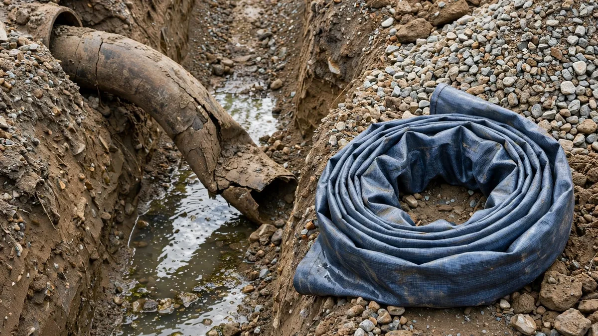 A coiled pipe lining sleeve beside a sagging sewer pipe in a trench with standing water