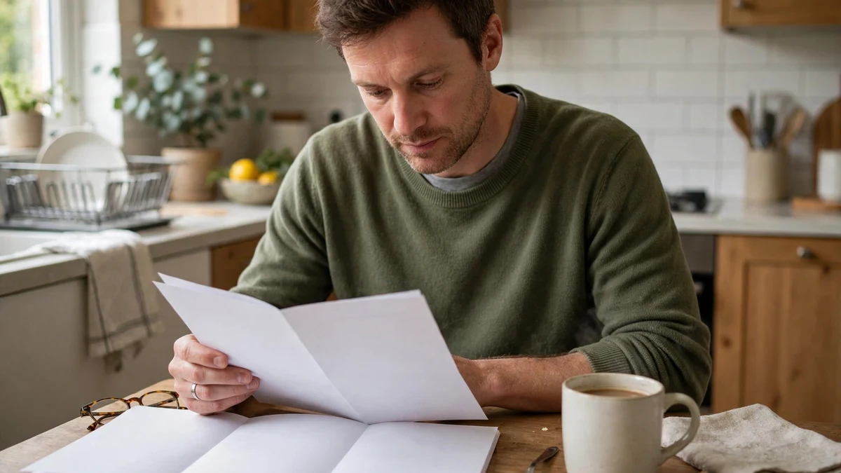 Homeowner reading a guide about sewer lines at a kitchen table