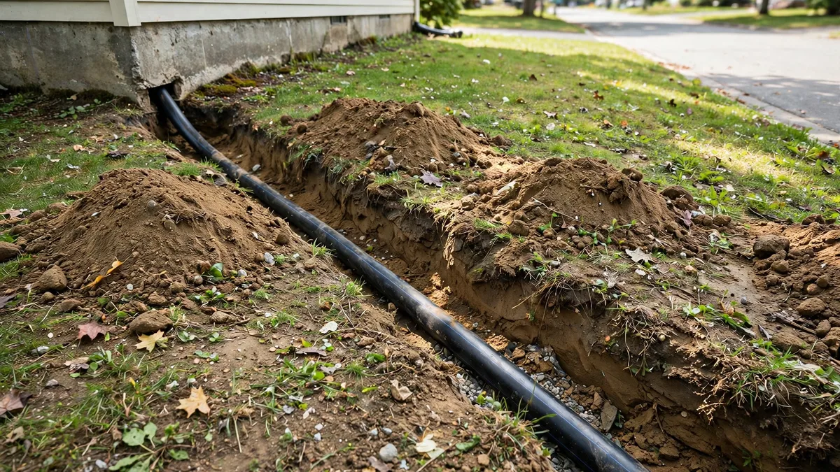 A buried service line pipe in an open trench running from a house toward the street