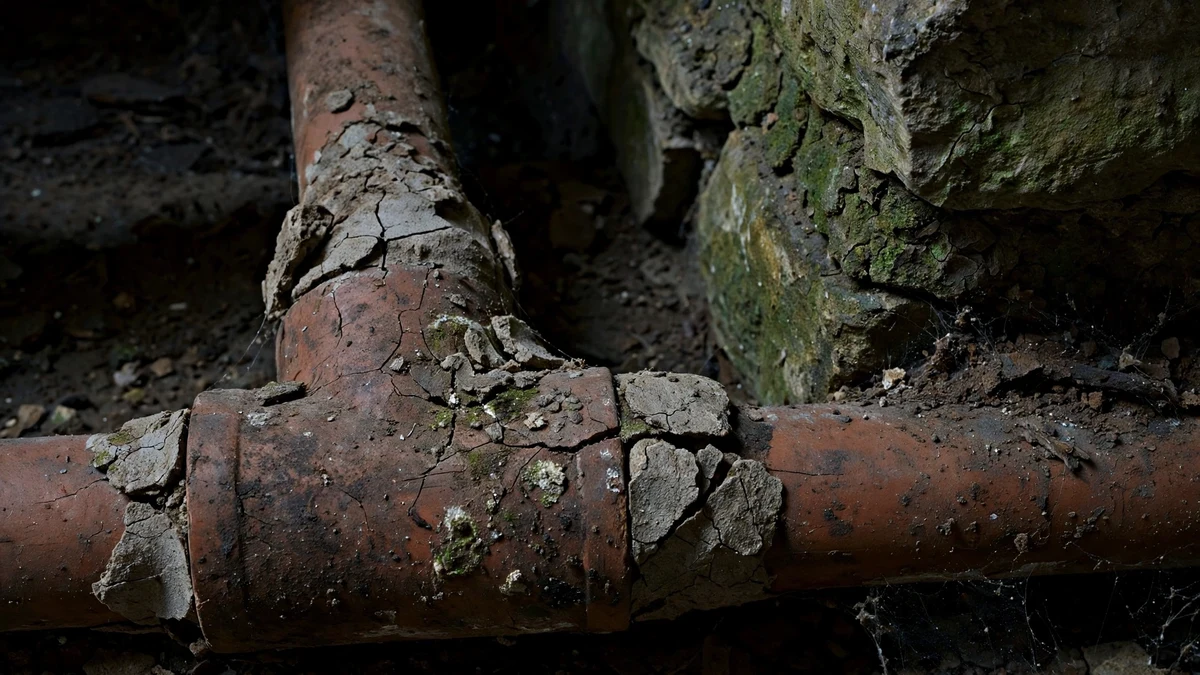 Old clay pipe joints with cracks beside a stone foundation wall