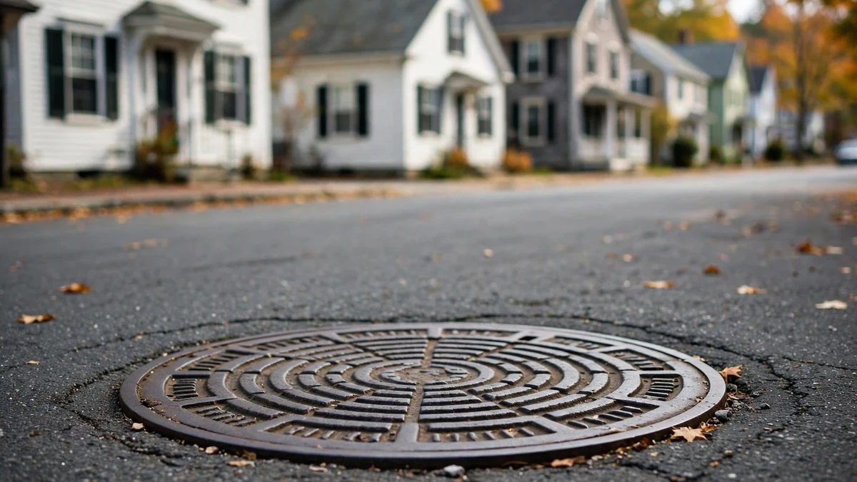 Manhole cover in a town street lined with older homes