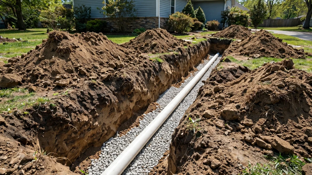 Open trench with a new sewer pipe laid in gravel bedding