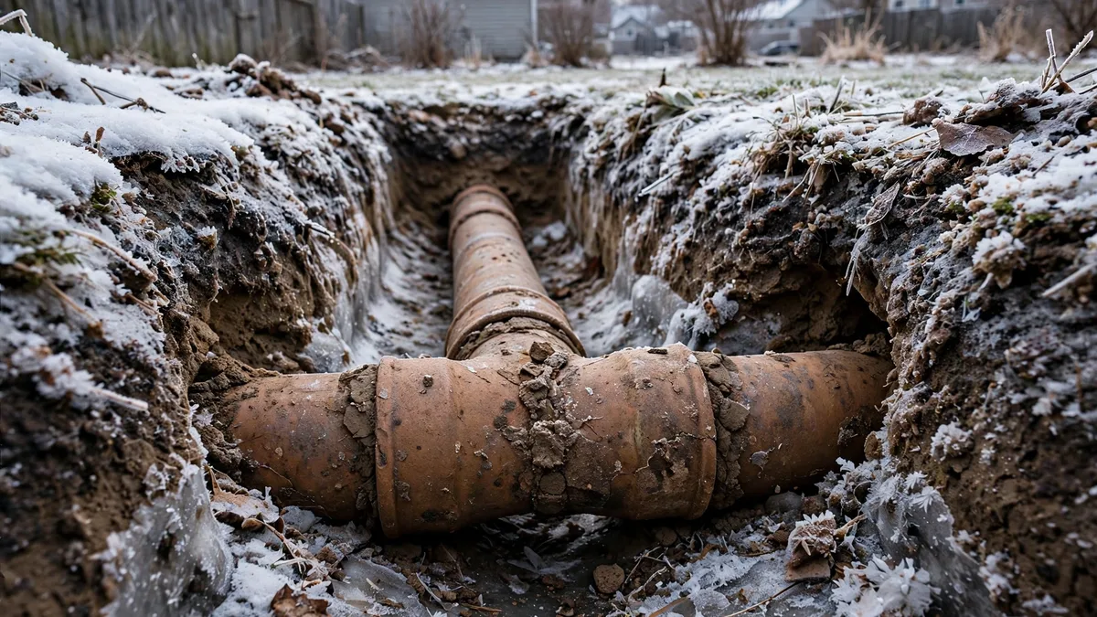Old clay sewer pipe joints exposed in a trench through frozen, snow-dusted ground