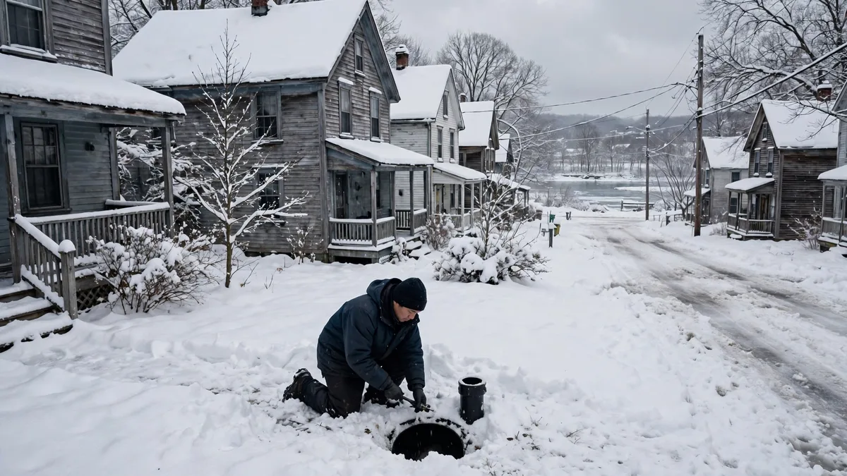 Technician working at a sewer cleanout in snow beside old wood-frame houses on a river street in Auburn, Maine