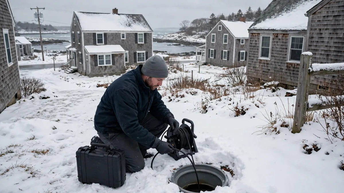 Technician inspecting a sewer cleanout with a camera in snow beside shingle-sided coastal homes in Kennebunk, Maine