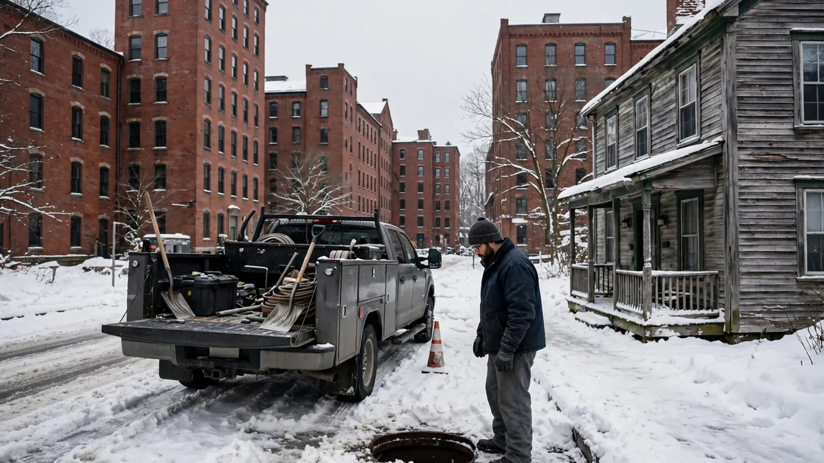 Technician beside a work truck and an open manhole in snow near red brick mill buildings in Lewiston, Maine