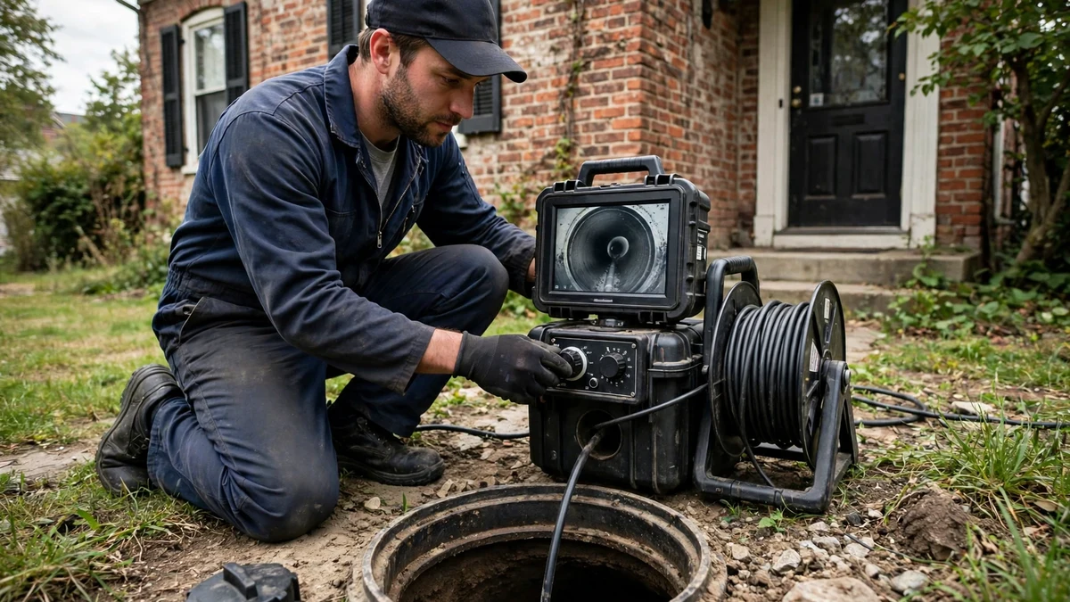 Technician running a sewer camera unit beside a cleanout at an old brick house in Portland