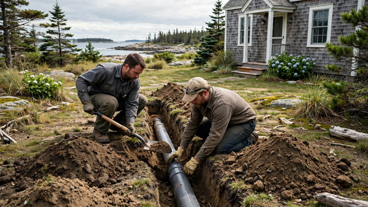 Workers setting a new sewer pipe in a trench in a coastal Maine front yard