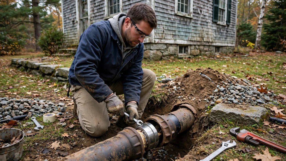 Technician fitting a repair coupling on an old sewer pipe section in a yard