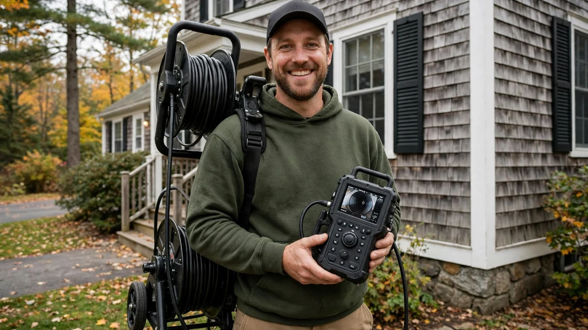 Sewer technician with inspection equipment outside a Maine home