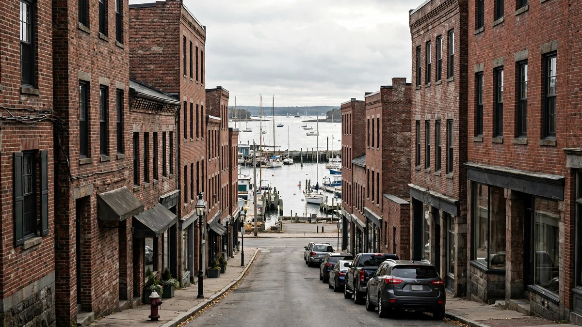 Downtown street in a Maine city with old brick buildings