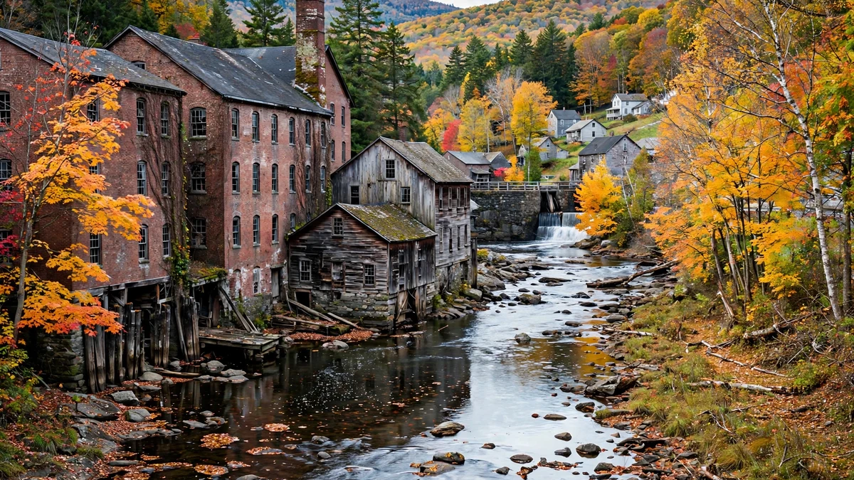 River valley town in Maine with mill buildings and autumn trees