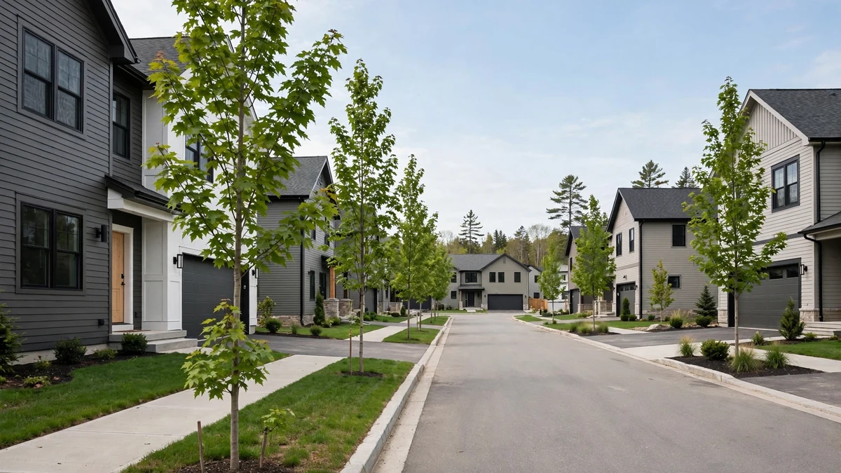 Suburban street in southern Maine with newer houses and young trees