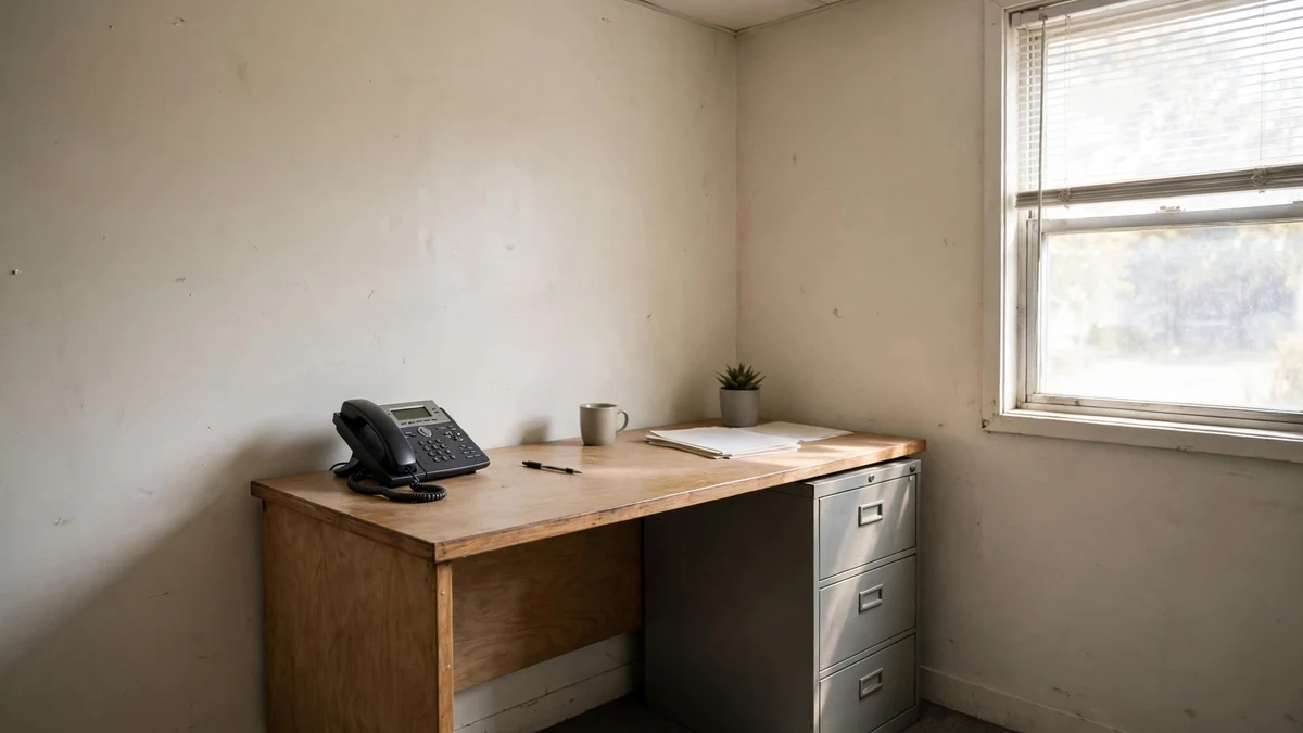 Small office interior with a desk and phone in Maine