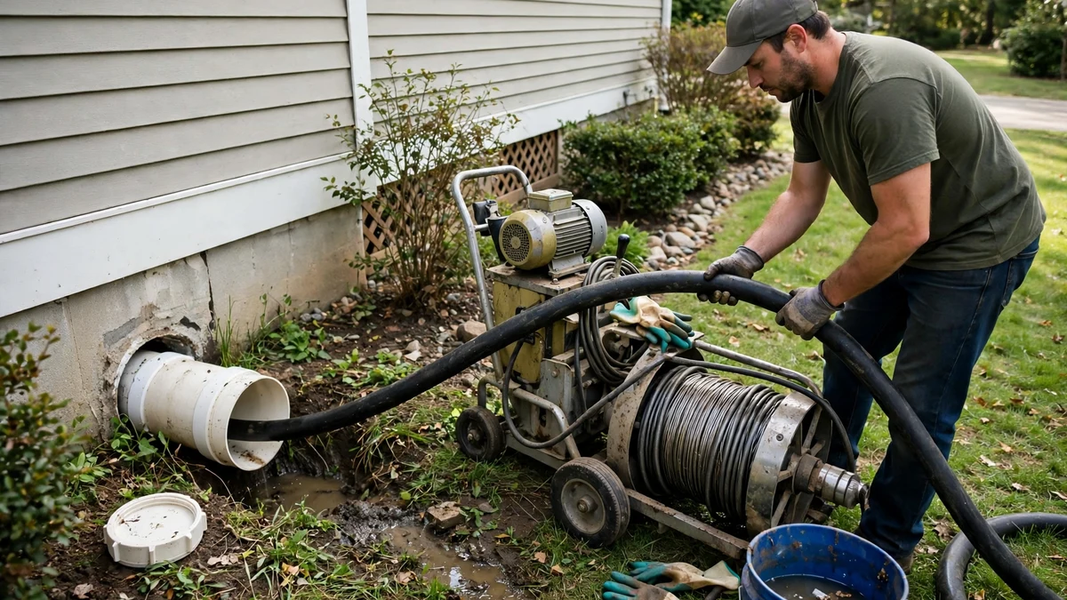 Sewer cleaning equipment at a cleanout beside a house