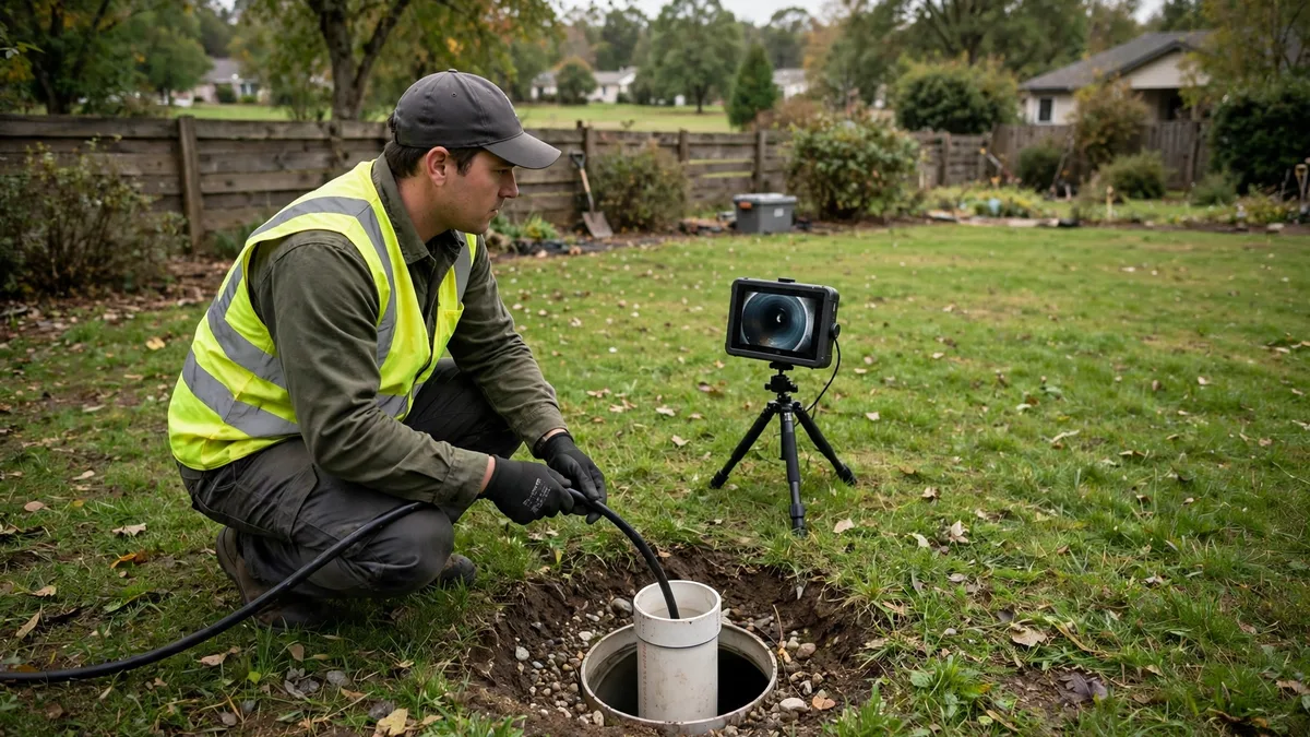 Technician feeding a sewer camera cable into an outdoor cleanout while watching the inspection monitor
