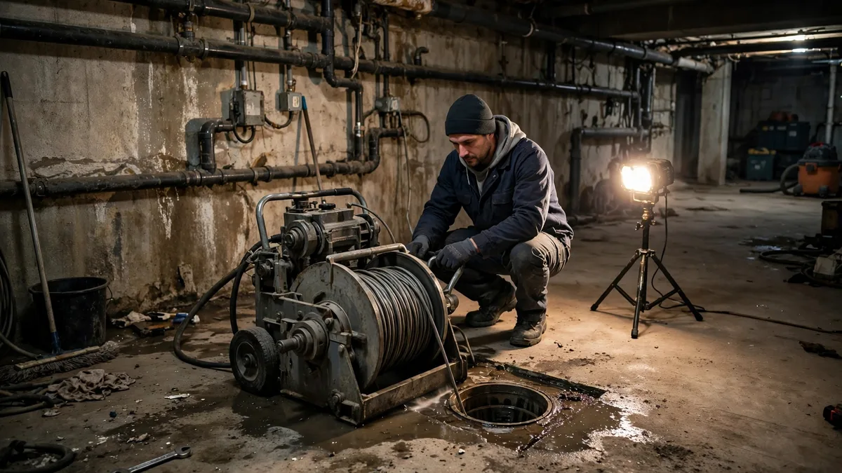 Technician operating a drain cleaning machine with a cable drum in a basement near a floor drain
