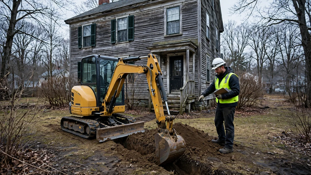 Small excavator digging a narrow trench in front of an old New England house