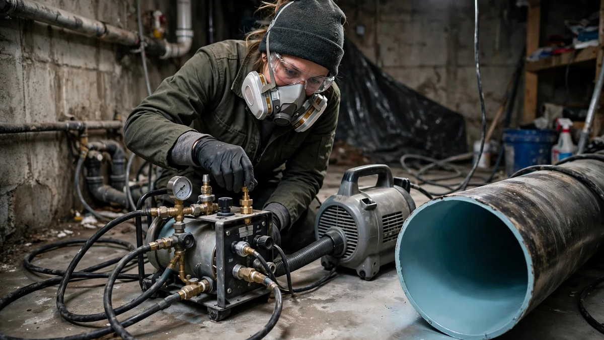 Technician operating a compact spray coating rig at a basement cleanout