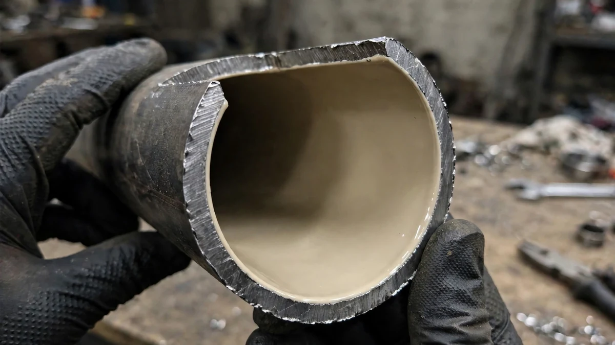 Cutaway pipe section showing a smooth even epoxy coating layer on the inside wall