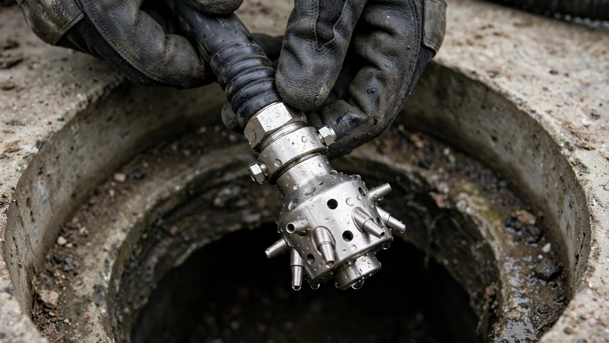 Rotating jetting nozzle and pressure hose held in gloved hands over a cleanout opening