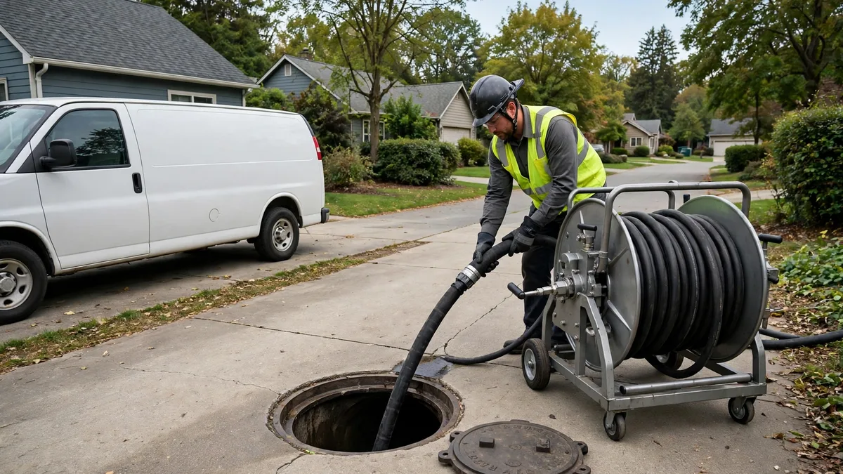 Technician operating a hydro jetting hose reel at a sewer cleanout beside a work truck