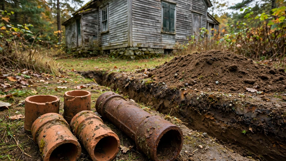 Short sections of old clay sewer pipe and rusted cast iron pipe laid beside a trench