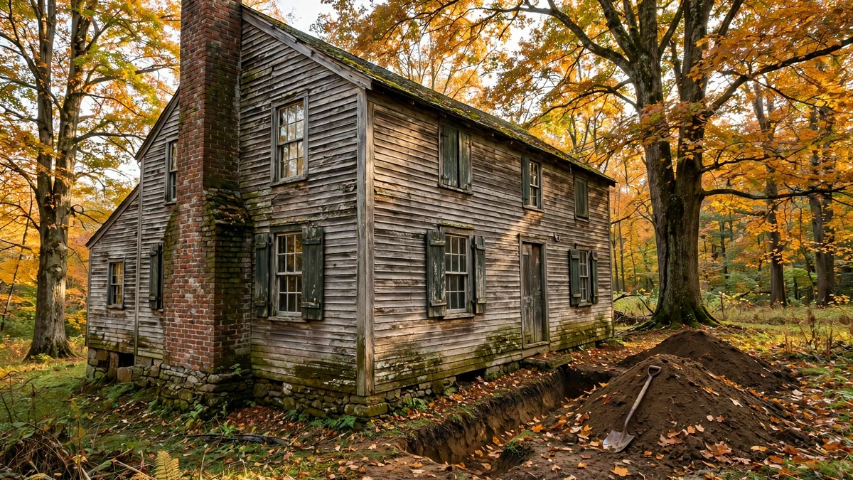 Very old New England clapboard house with a brick chimney and a small work trench in the side yard