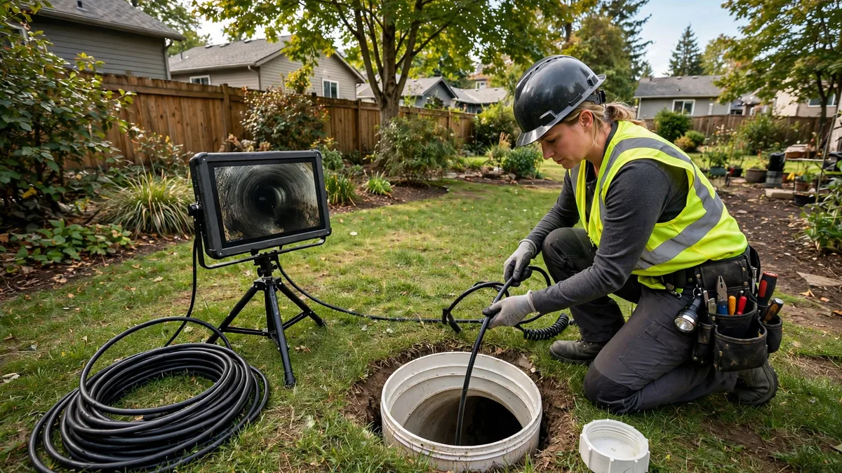Technician carrying out a routine sewer camera inspection at a cleanout with a monitor on a stand