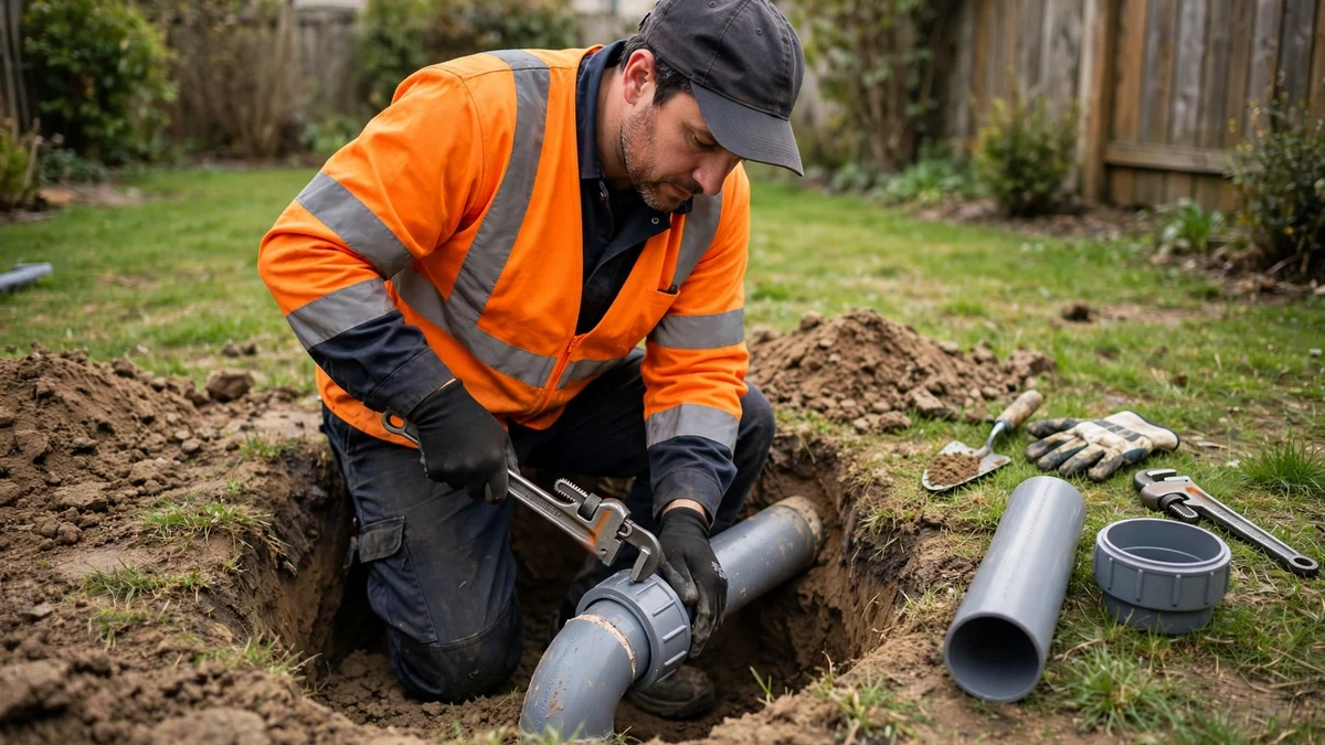 Technician repairing a short exposed section of sewer pipe in a small dug hole in a yard