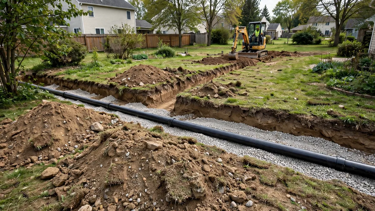 Open trench with a new sewer pipe laid on bedding and an excavator working in the background
